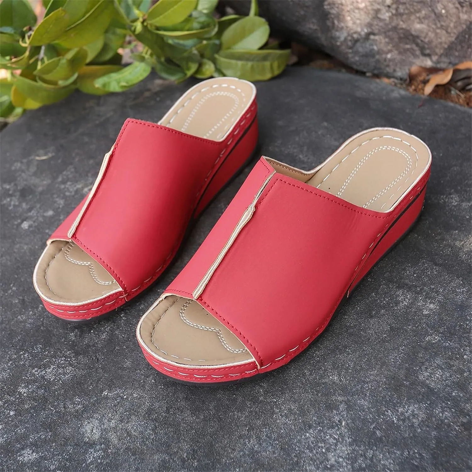 Espadrille Wedge Sandals for Women Open Toe Slip On Platform PU Leather Slippers Casual Non Slip Summer Beach Shoes