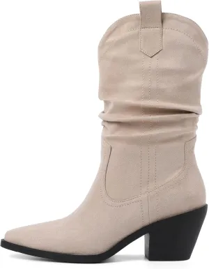 Esvowido Womens Slouchy Western Cowboy Cowgirl Retro Mid calf Boots Faux Suede Leather Stylish Booties Outdoor Travel
