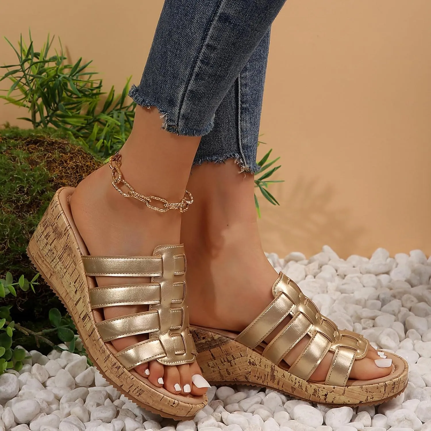 Fashion Wedge Sandals for Women Arch Support Slides Sandals Walking Shoes