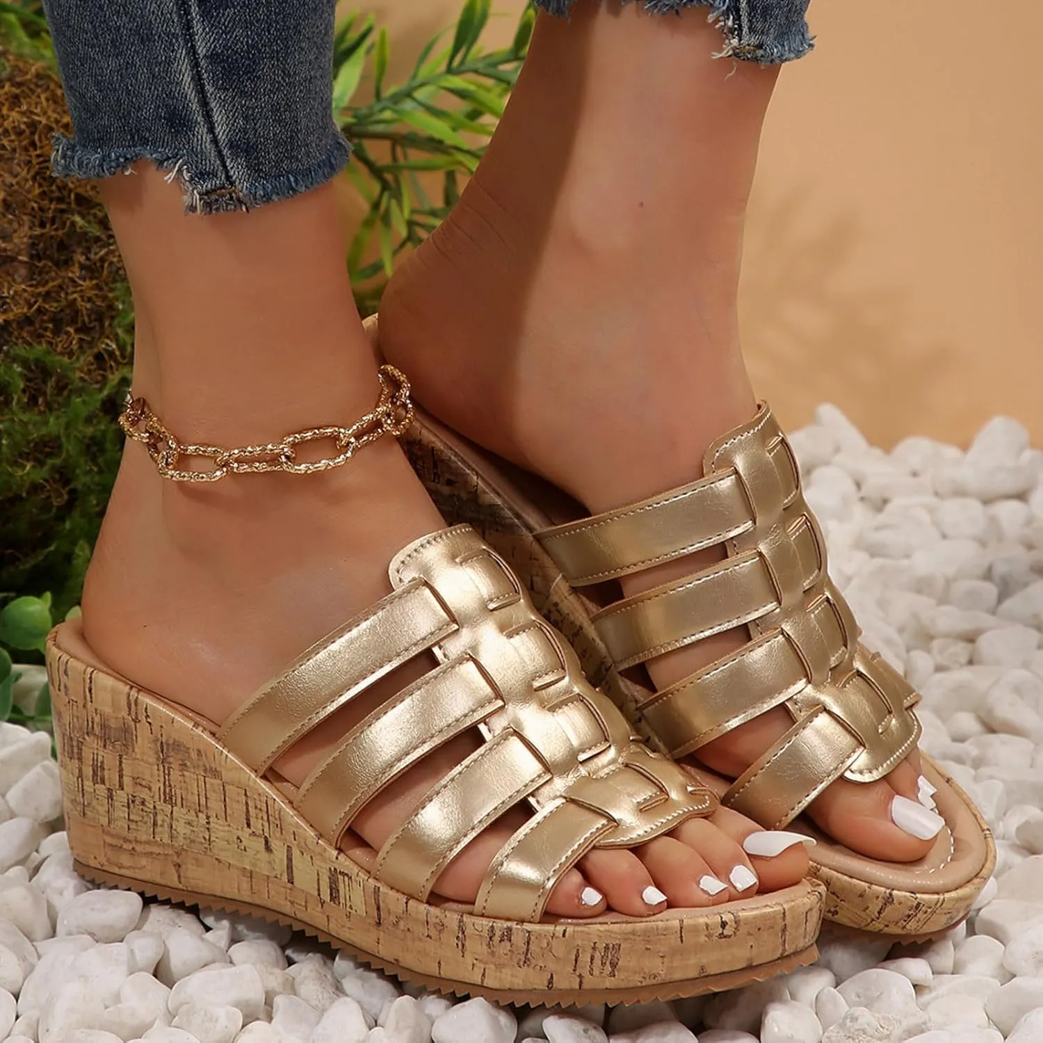 Fashion Wedge Sandals for Women Arch Support Slides Sandals Walking Shoes