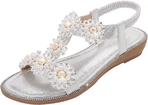Flat Bohemian Sandals for Women Rhinestone Open Toe Slip On Casual Sandals Beach Non Slip Flat Sandals