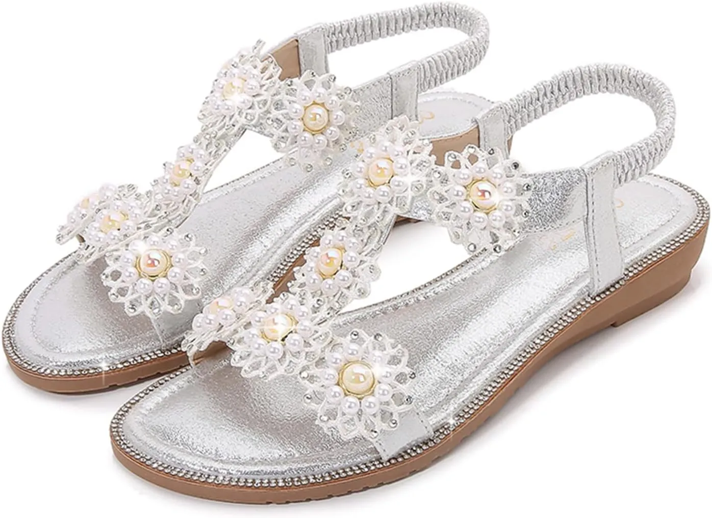 Flat Bohemian Sandals for Women Rhinestone Open Toe Slip On Casual Sandals Beach Non Slip Flat Sandals