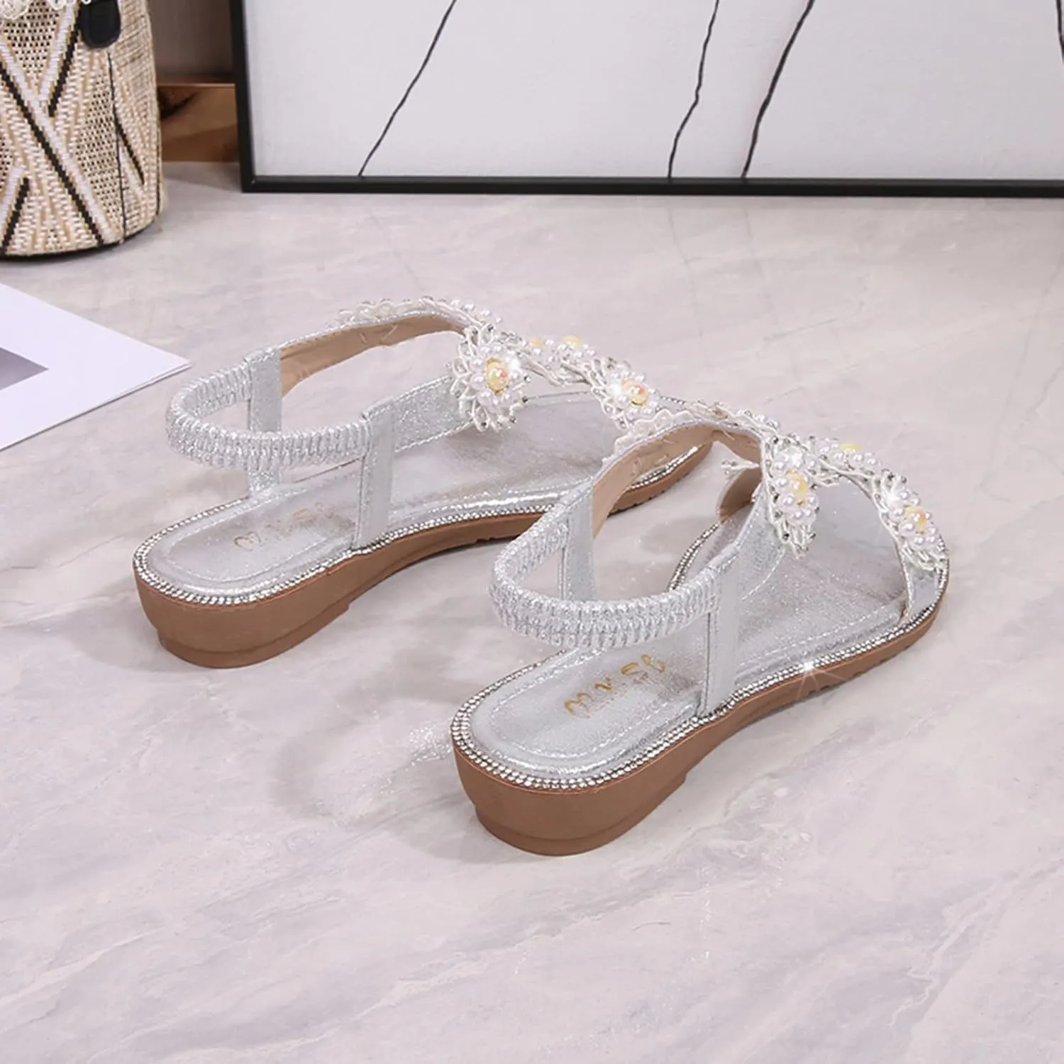 Flat Bohemian Sandals for Women Rhinestone Open Toe Slip On Casual Sandals Beach Non Slip Flat Sandals