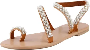 Flat Sandals for Women Dressy Summer Beaded Flip-Flop Bohemia Bling Rhinestone Thong Sandals Roman Shoes with Ankle Strap