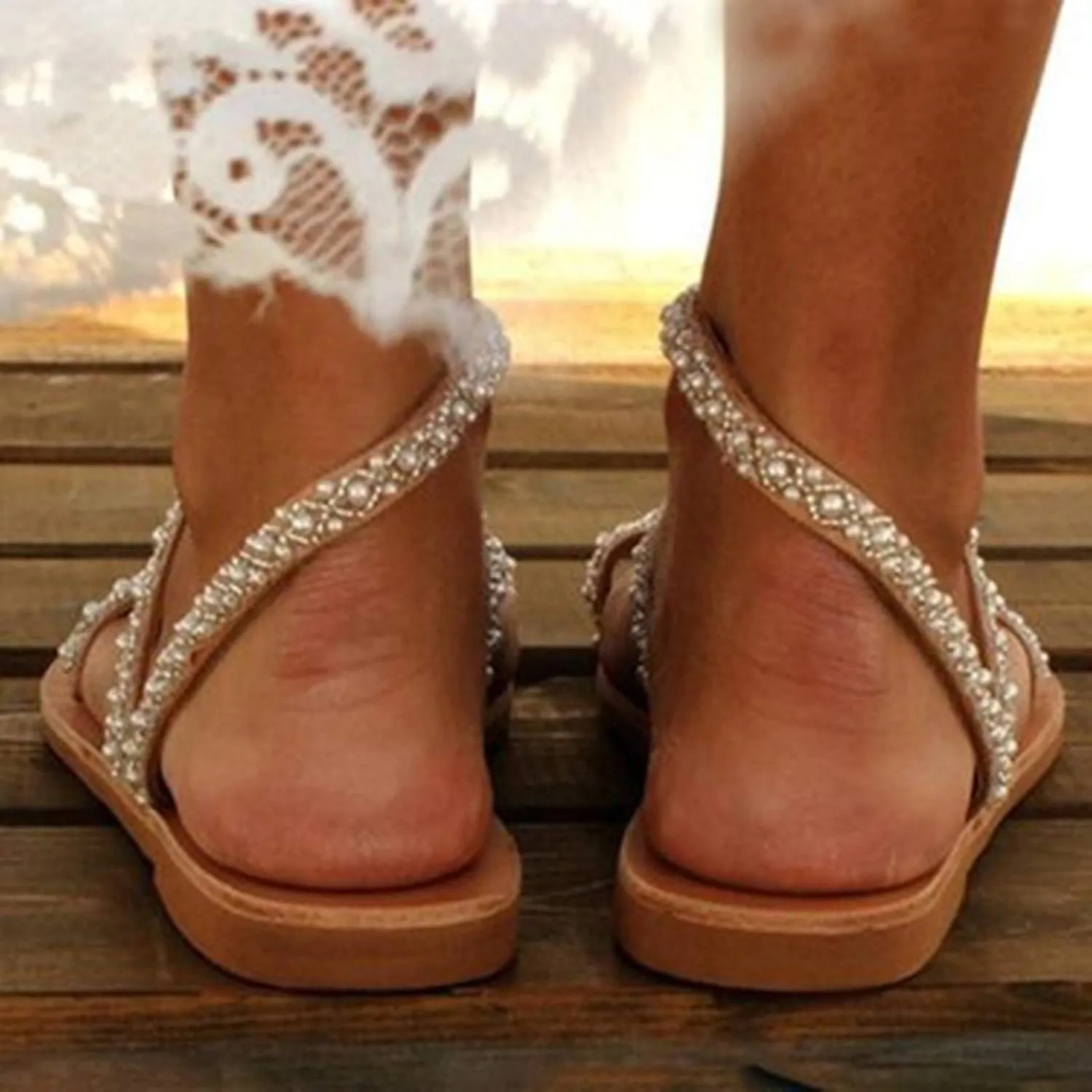 Flat Sandals for Women Dressy Summer Beaded Flip-Flop Bohemia Bling Rhinestone Thong Sandals Roman Shoes with Ankle Strap