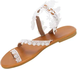 Flat Sandals for Women Dressy Summer Beaded Flip-Flop Bohemia Bling Rhinestone Thong Sandals Roman Shoes with Ankle Strap