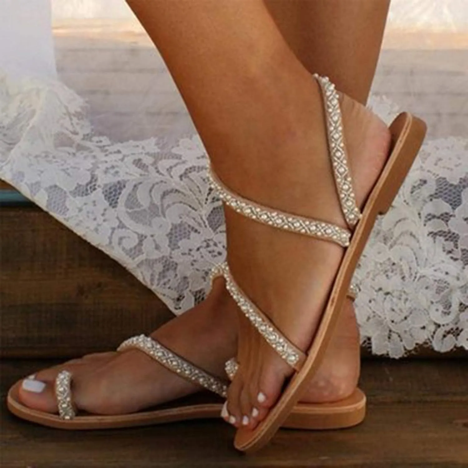 Flat Sandals for Women Dressy Summer Beaded Flip-Flop Bohemia Bling Rhinestone Thong Sandals Roman Shoes with Ankle Strap