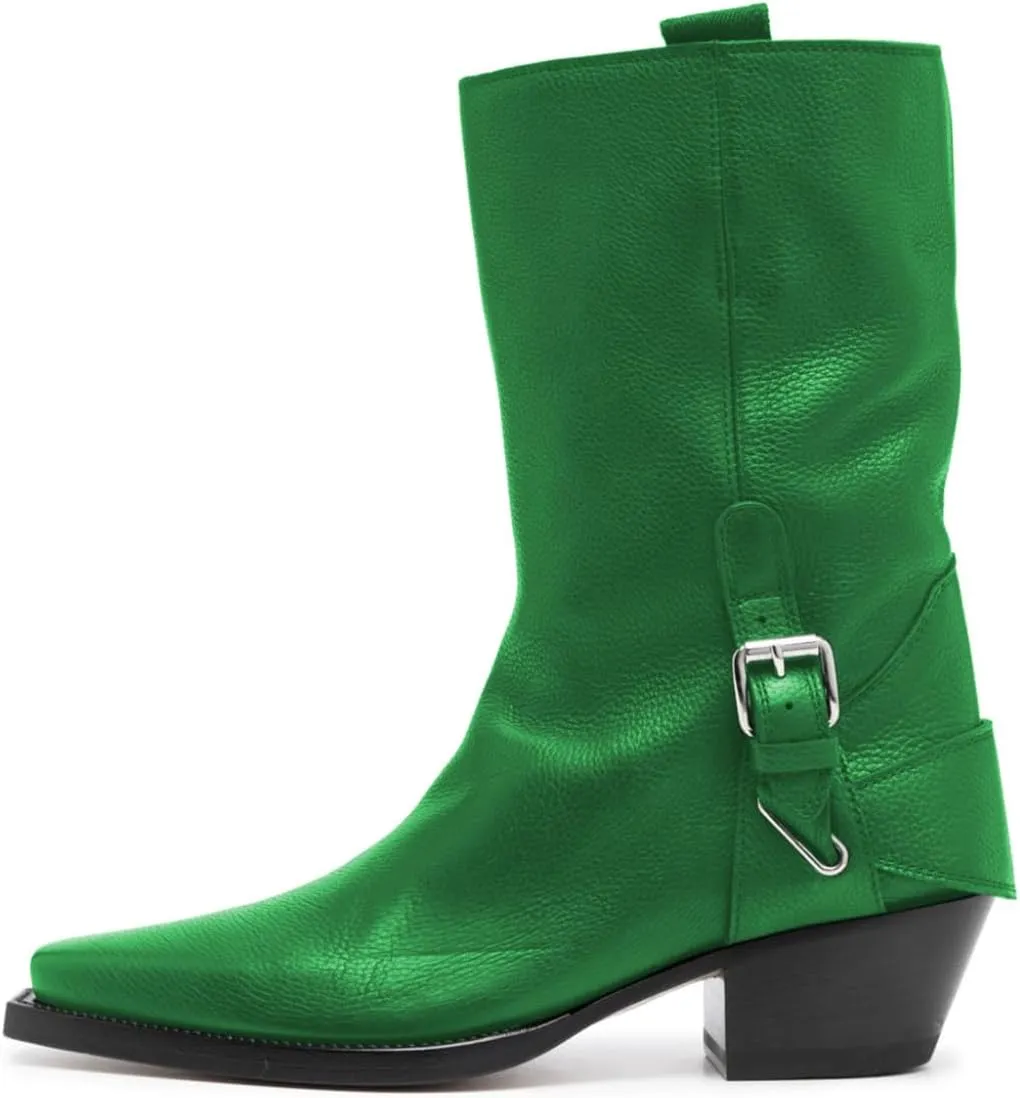 FOWT Women Mid Calf Boots Stacked Chunky Mid Heel Closed Toe Stretch Pull On Fashion Western Dressy Booties Size 4-16 US