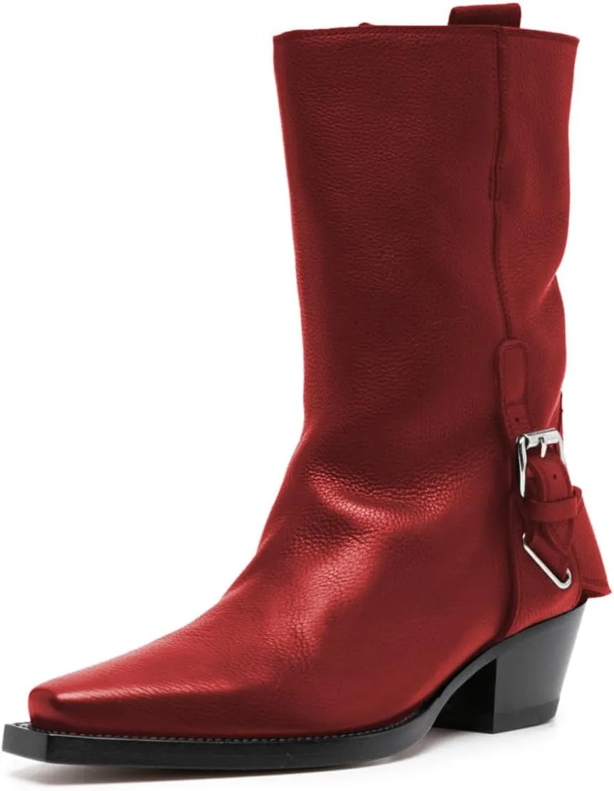 FOWT Women Mid Calf Boots Stacked Chunky Mid Heel Closed Toe Stretch Pull On Fashion Western Dressy Booties Size 4-16 US