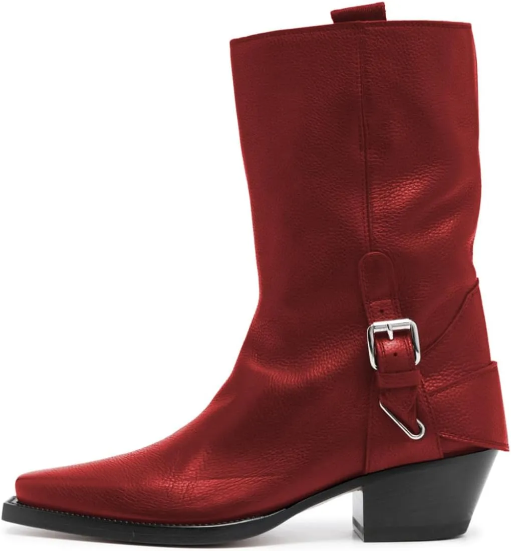 FOWT Women Mid Calf Boots Stacked Chunky Mid Heel Closed Toe Stretch Pull On Fashion Western Dressy Booties Size 4-16 US