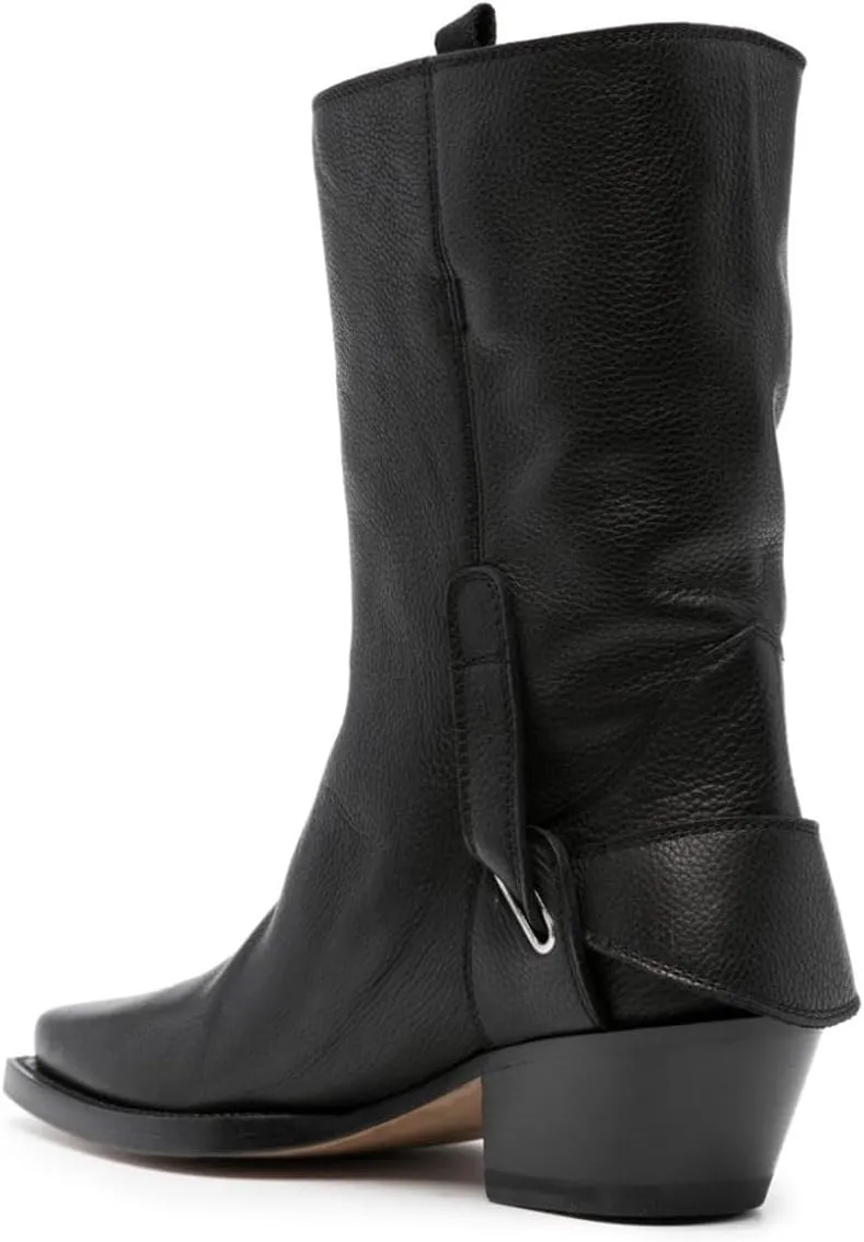 FOWT Women Mid Calf Boots Stacked Chunky Mid Heel Closed Toe Stretch Pull On Fashion Western Dressy Booties Size 4-16 US