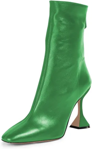FOWT Women Square Toe Stretchy Mid Calf Boots Flared High Heel Short Booties Back Zipper Formal Dress Parties Street Shoes Size 4-16 US