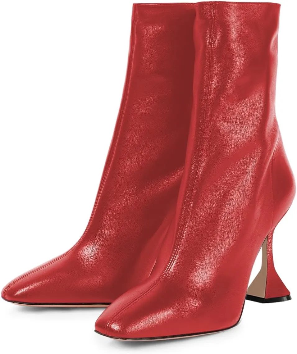 FOWT Women Square Toe Stretchy Mid Calf Boots Flared High Heel Short Booties Back Zipper Formal Dress Parties Street Shoes Size 4-16 US