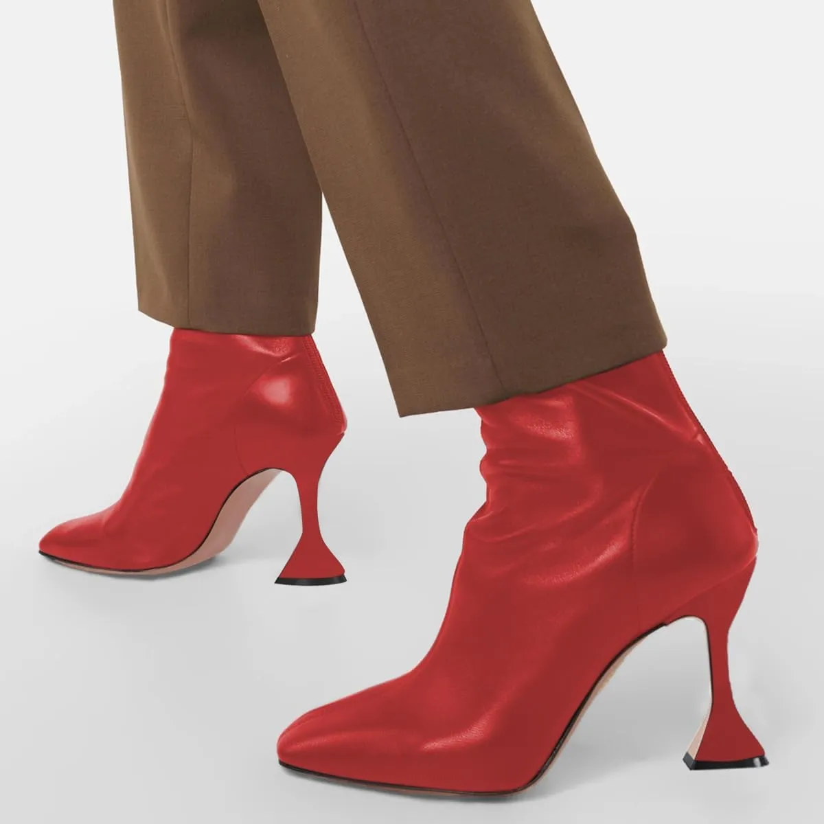 FOWT Women Square Toe Stretchy Mid Calf Boots Flared High Heel Short Booties Back Zipper Formal Dress Parties Street Shoes Size 4-16 US