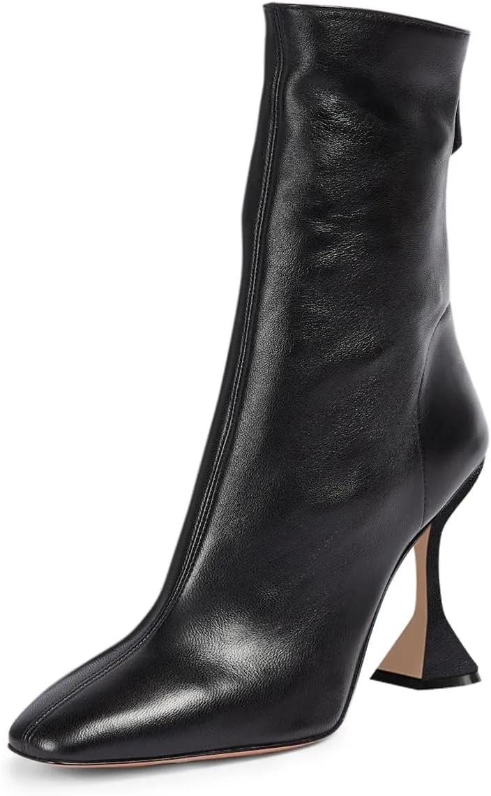 FOWT Women Square Toe Stretchy Mid Calf Boots Flared High Heel Short Booties Back Zipper Formal Dress Parties Street Shoes Size 4-16 US