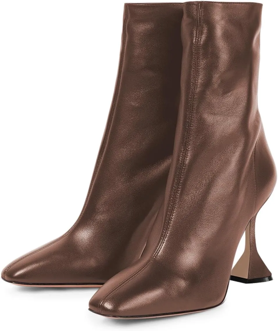 FOWT Women Square Toe Stretchy Mid Calf Boots Flared High Heel Short Booties Back Zipper Formal Dress Parties Street Shoes Size 4-16 US
