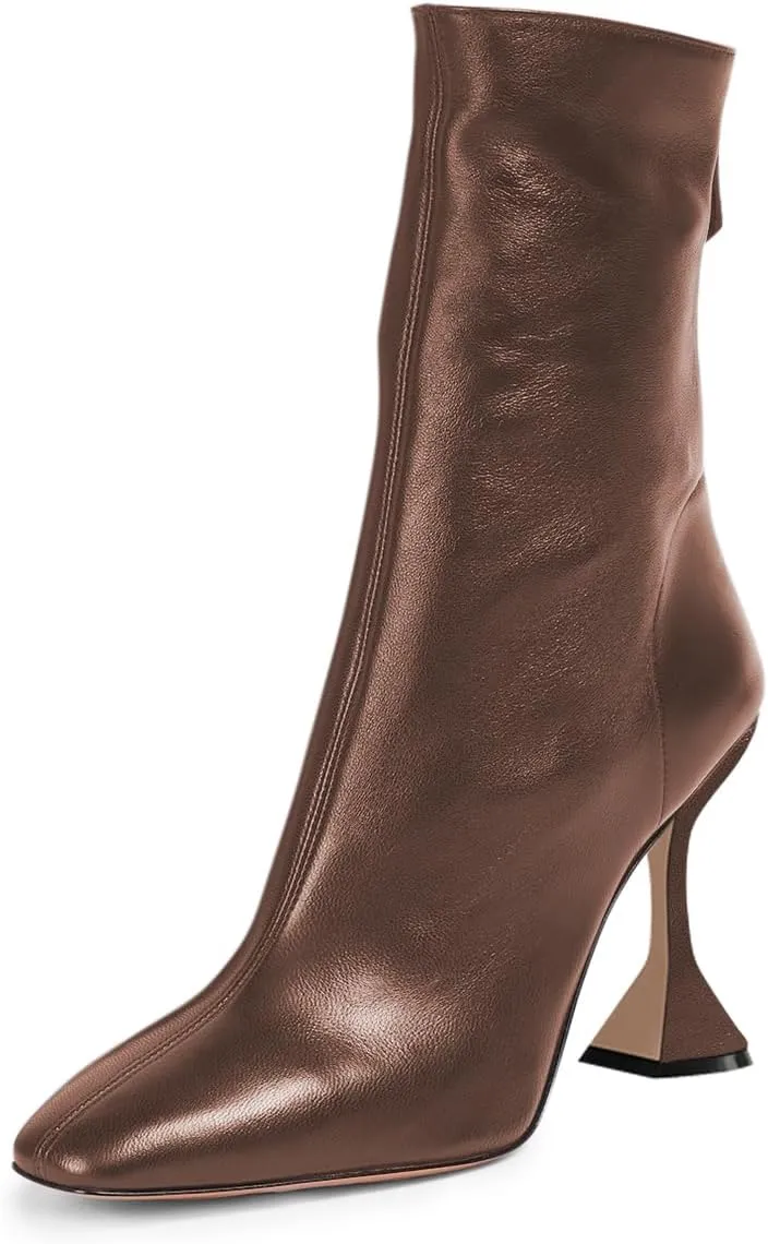 FOWT Women Square Toe Stretchy Mid Calf Boots Flared High Heel Short Booties Back Zipper Formal Dress Parties Street Shoes Size 4-16 US