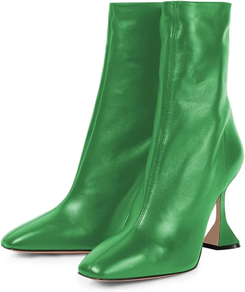 FOWT Women Square Toe Stretchy Mid Calf Boots Flared High Heel Short Booties Back Zipper Formal Dress Parties Street Shoes Size 4-16 US