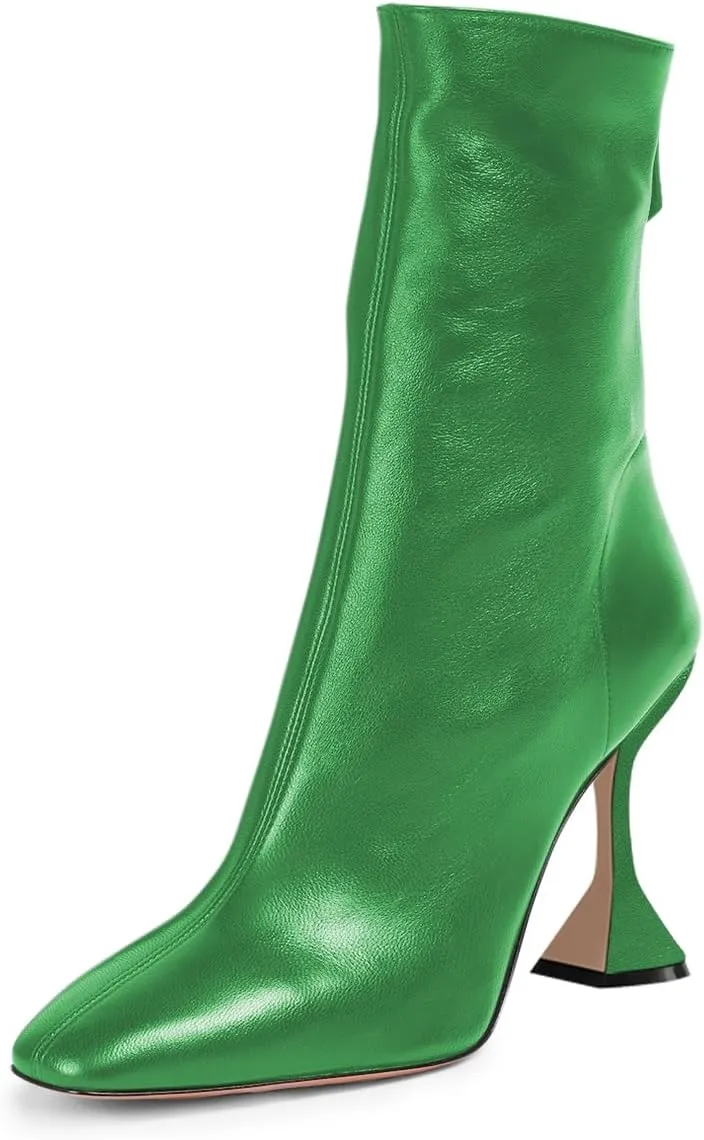FOWT Women Square Toe Stretchy Mid Calf Boots Flared High Heel Short Booties Back Zipper Formal Dress Parties Street Shoes Size 4-16 US
