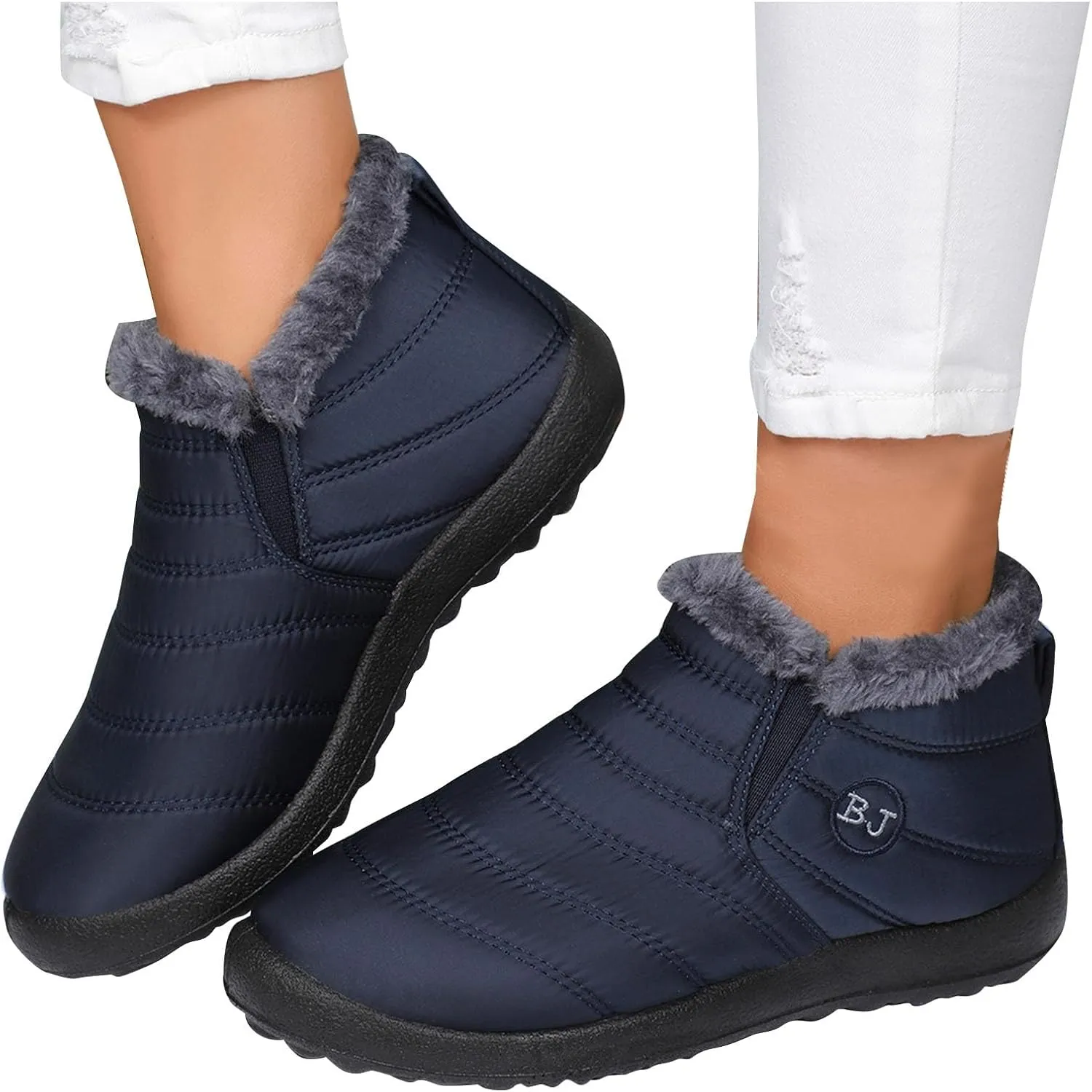 Fur Lined Ankle Boots Women Winter Warm Fleece Shoes Comfort Flat Booties Slip on Snow Booties Walking Boot