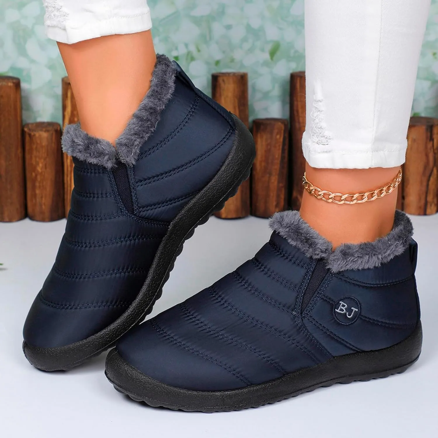 Fur Lined Ankle Boots Women Winter Warm Fleece Shoes Comfort Flat Booties Slip on Snow Booties Walking Boot