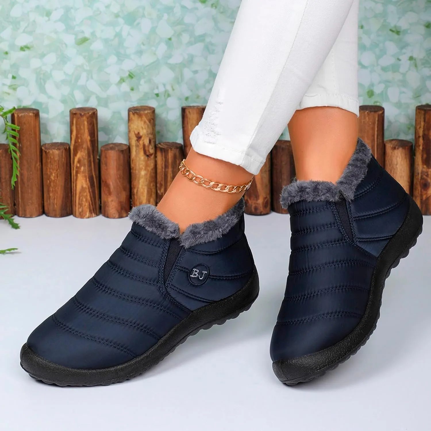 Fur Lined Ankle Boots Women Winter Warm Fleece Shoes Comfort Flat Booties Slip on Snow Booties Walking Boot