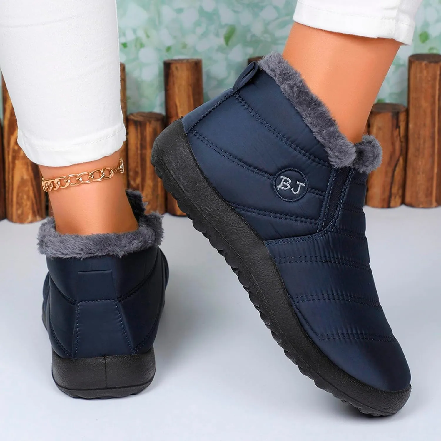 Fur Lined Ankle Boots Women Winter Warm Fleece Shoes Comfort Flat Booties Slip on Snow Booties Walking Boot
