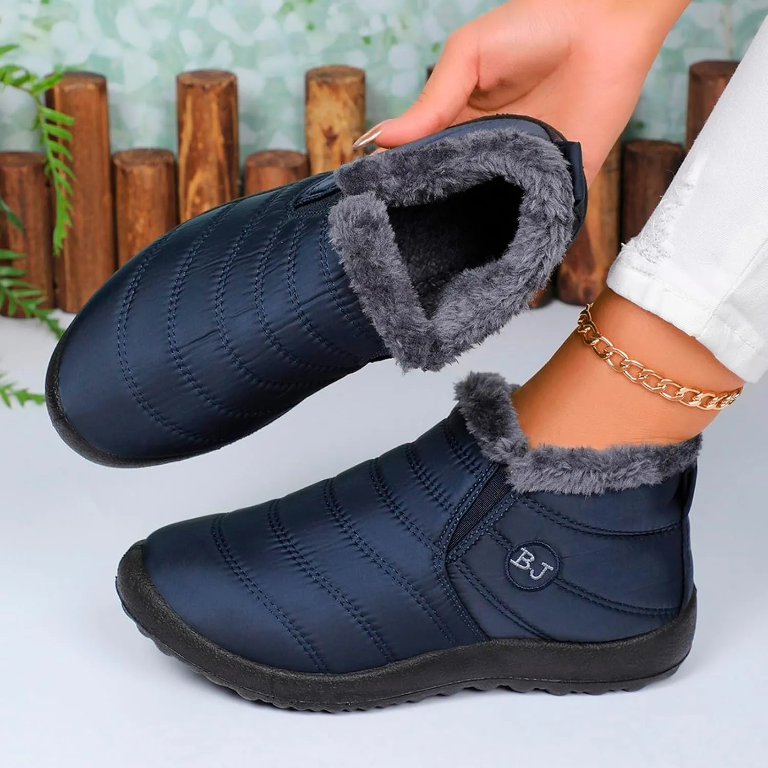 Fur Lined Ankle Boots Women Winter Warm Fleece Shoes Comfort Flat Booties Slip on Snow Booties Walking Boot