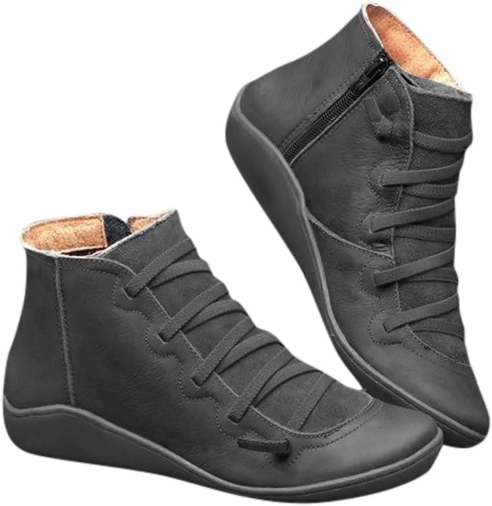 Gibobby Ankle Booties for Women Flat Heel,New Arch Support Ankle Boots Damping Shoes Lace-up Boots Side Zipper Booties