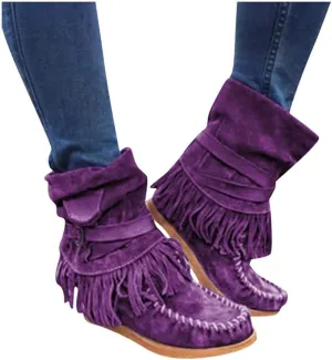 Gibobby Ankle Booties for Women Low Heel,Western Fringe Chunky Pointy Toe Boots Tassel Stacked Heel Suede Ankle Boots