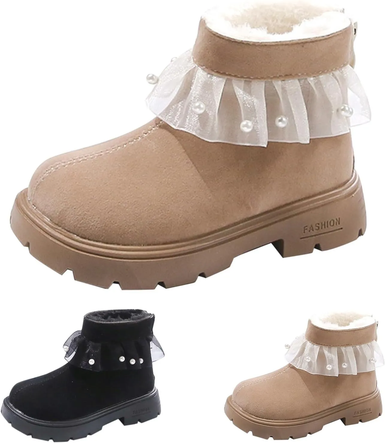 Girls Fashion Pearl Ankle Boots Cute Sweet Lace Decoration Low Heel Thick Bottom Dress Boots Size 11 for Girls