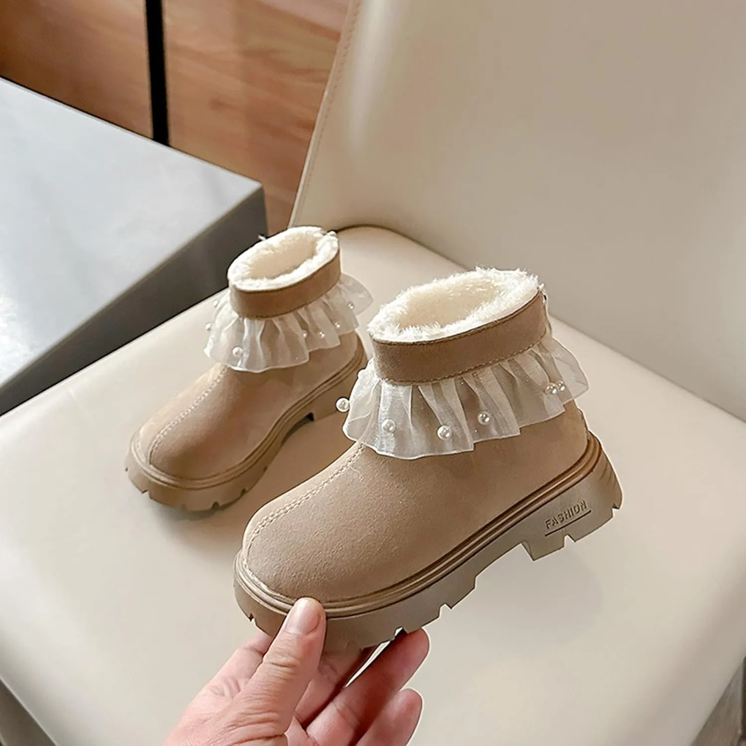 Girls Fashion Pearl Ankle Boots Cute Sweet Lace Decoration Low Heel Thick Bottom Dress Boots Size 11 for Girls