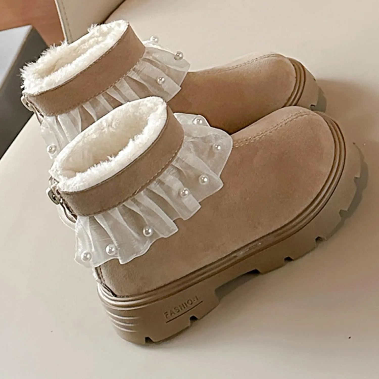 Girls Fashion Pearl Ankle Boots Cute Sweet Lace Decoration Low Heel Thick Bottom Dress Boots Size 11 for Girls