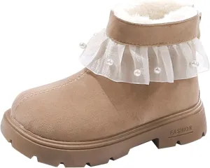 Girls Fashion Pearl Ankle Boots Cute Sweet Lace Decoration Low Heel Thick Bottom Dress Boots Size 11 for Girls