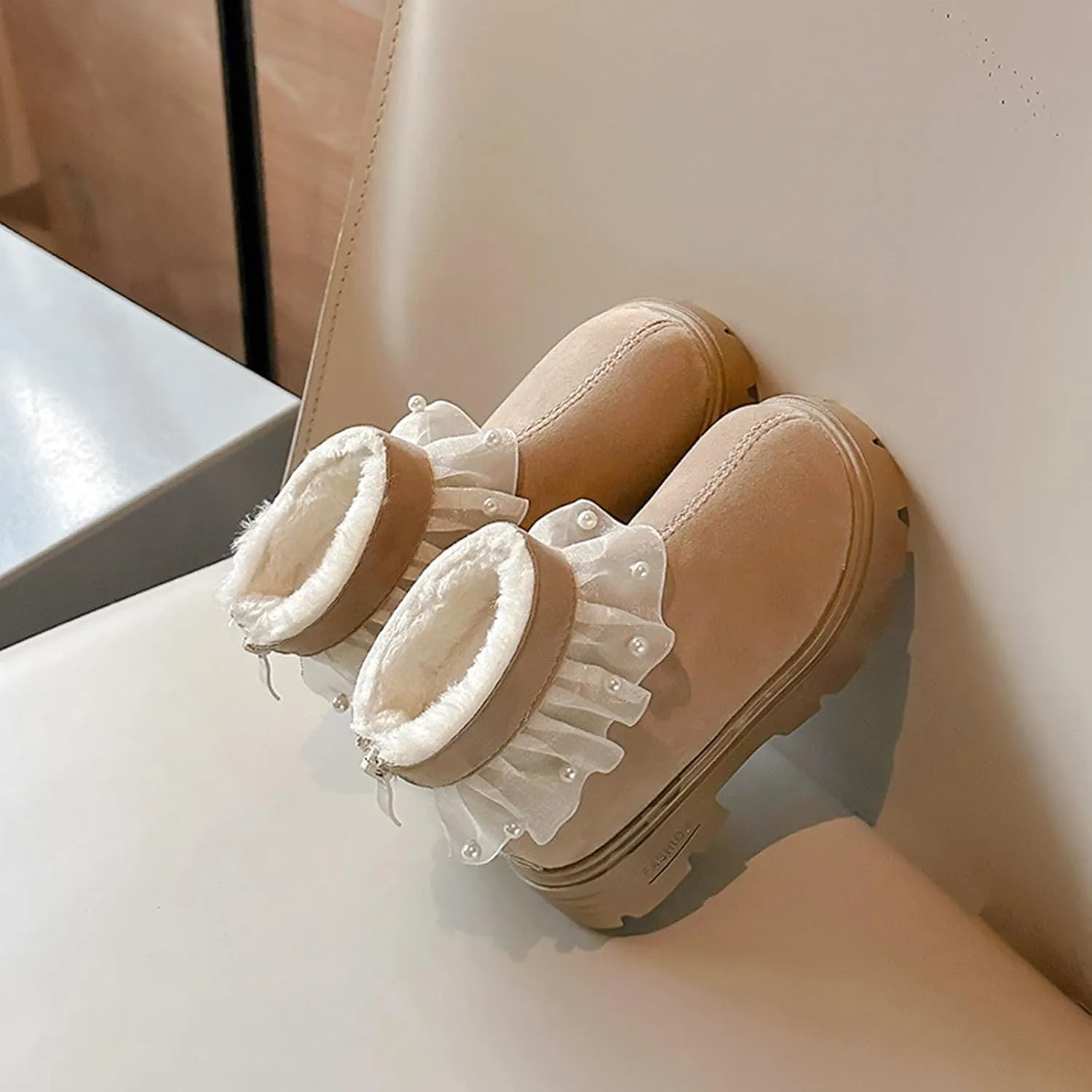 Girls Fashion Pearl Ankle Boots Cute Sweet Lace Decoration Low Heel Thick Bottom Dress Boots Size 11 for Girls