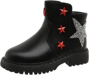 Girls Glitter Star Pattern Leather Ankle Boots Princess Cute Cozy Rubber Bottom Non Slip Breathable Short Boots