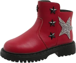 Girls Glitter Star Pattern Leather Ankle Boots Princess Cute Cozy Rubber Bottom Non Slip Breathable Short Boots