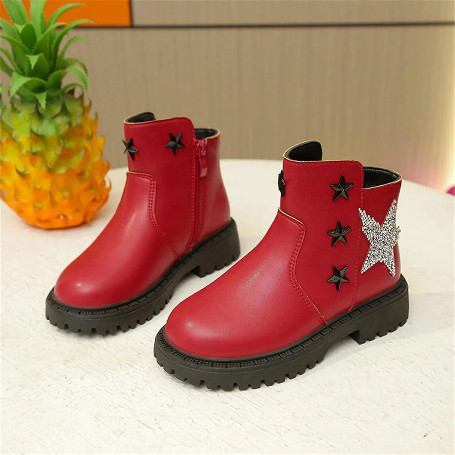 Girls Glitter Star Pattern Leather Ankle Boots Princess Cute Cozy Rubber Bottom Non Slip Breathable Short Boots