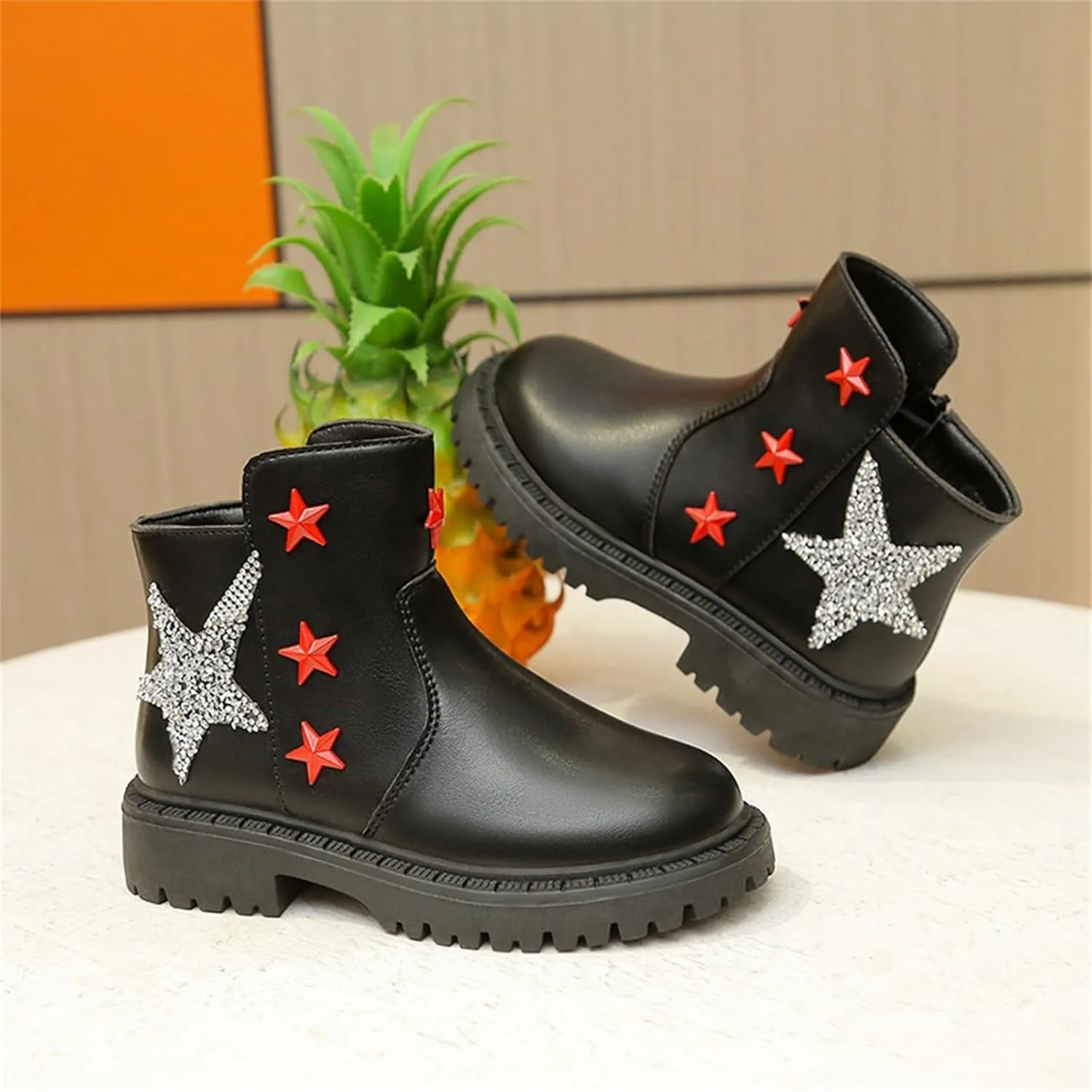 Girls Glitter Star Pattern Leather Ankle Boots Princess Cute Cozy Rubber Bottom Non Slip Breathable Short Boots