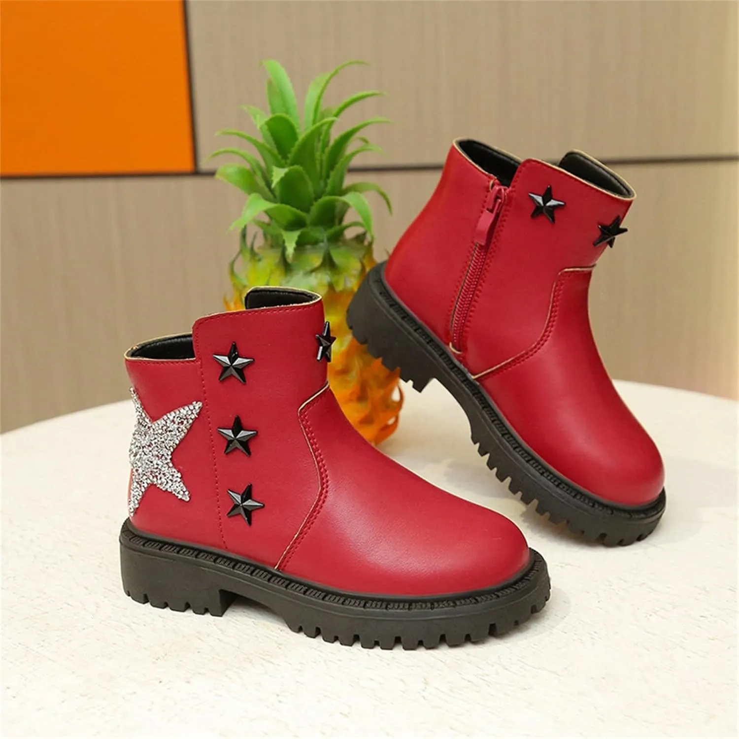 Girls Glitter Star Pattern Leather Ankle Boots Princess Cute Cozy Rubber Bottom Non Slip Breathable Short Boots