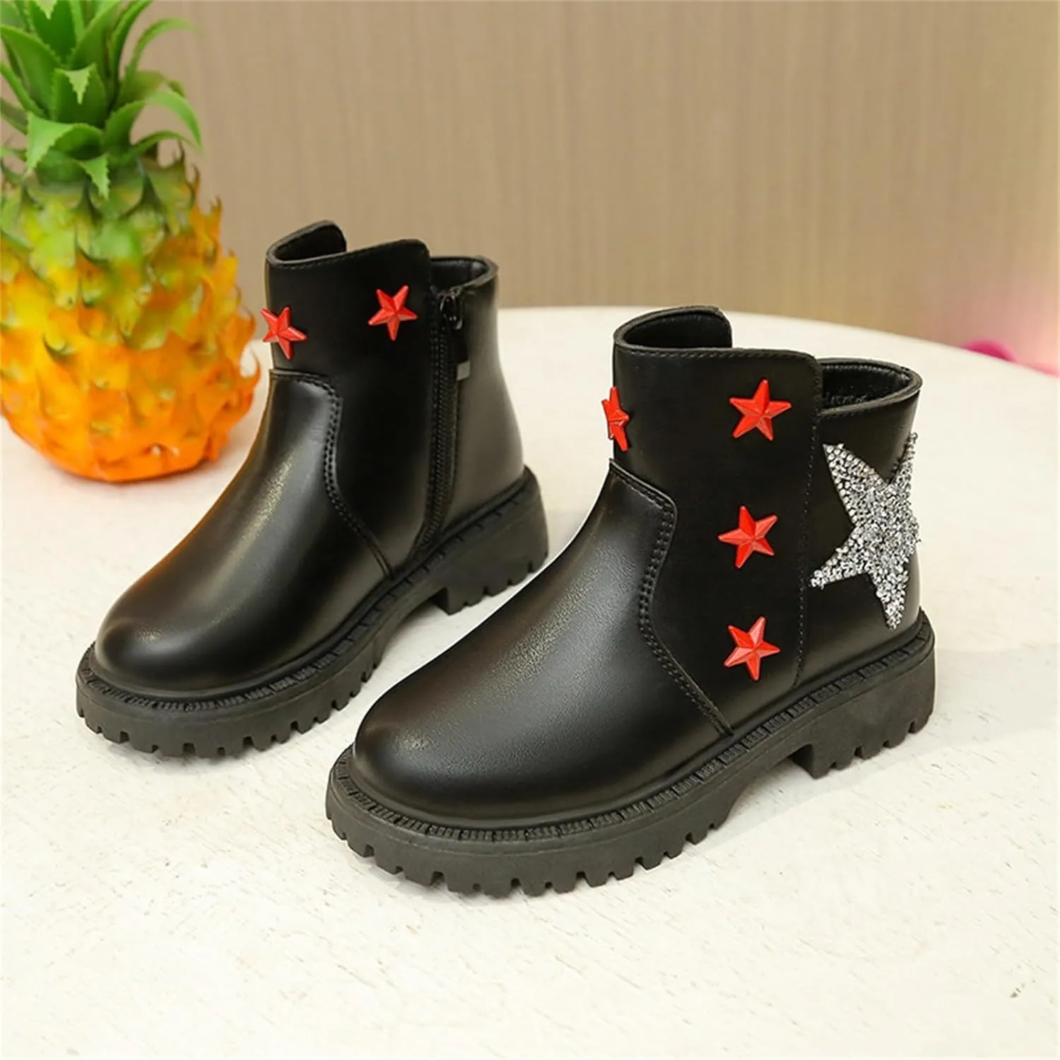 Girls Glitter Star Pattern Leather Ankle Boots Princess Cute Cozy Rubber Bottom Non Slip Breathable Short Boots