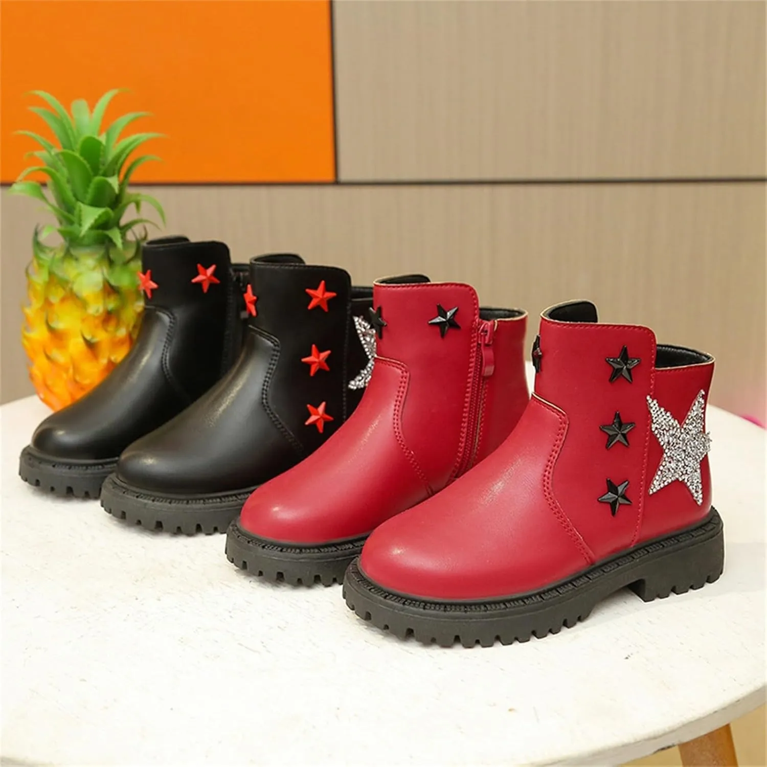 Girls Glitter Star Pattern Leather Ankle Boots Princess Cute Cozy Rubber Bottom Non Slip Breathable Short Boots