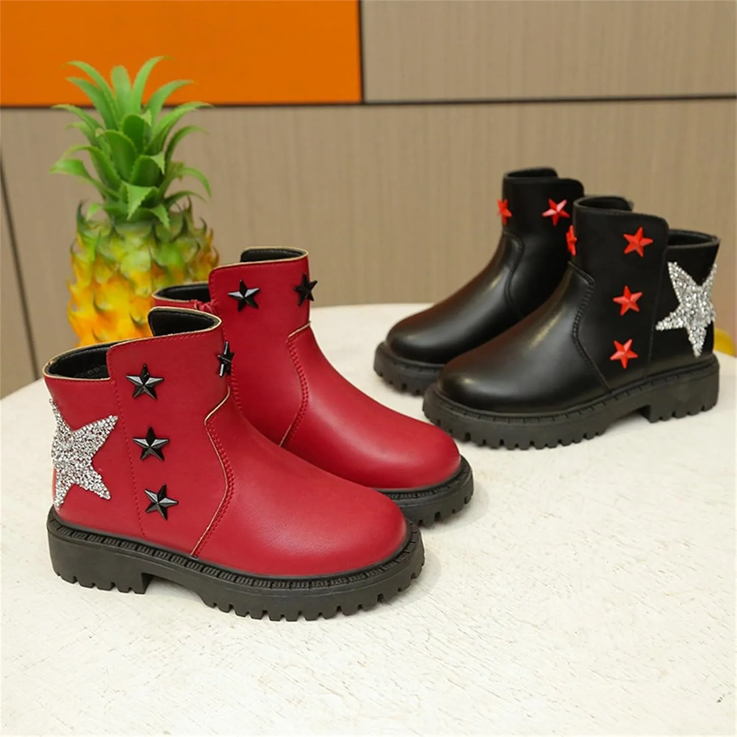 Girls Glitter Star Pattern Leather Ankle Boots Princess Cute Cozy Rubber Bottom Non Slip Breathable Short Boots