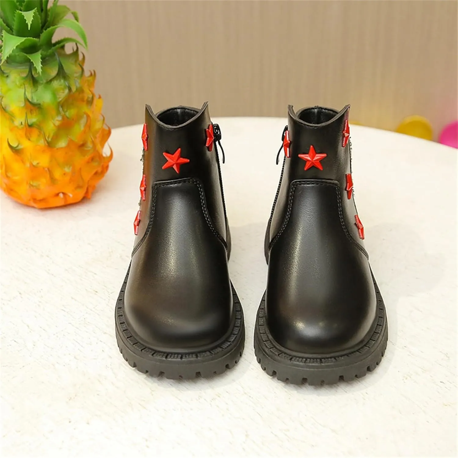 Girls Glitter Star Pattern Leather Ankle Boots Princess Cute Cozy Rubber Bottom Non Slip Breathable Short Boots