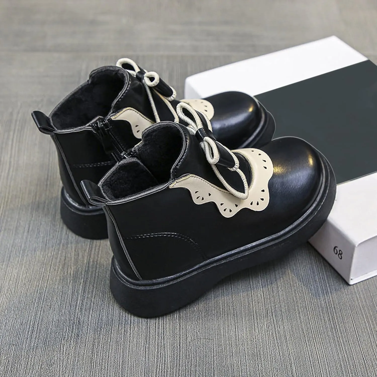 Girls Leather Ankle Boots Warm Snow Shoes Baby Bowknot Non Slip Round Toe Shoes Infant Warm Side Zipper Little Kid