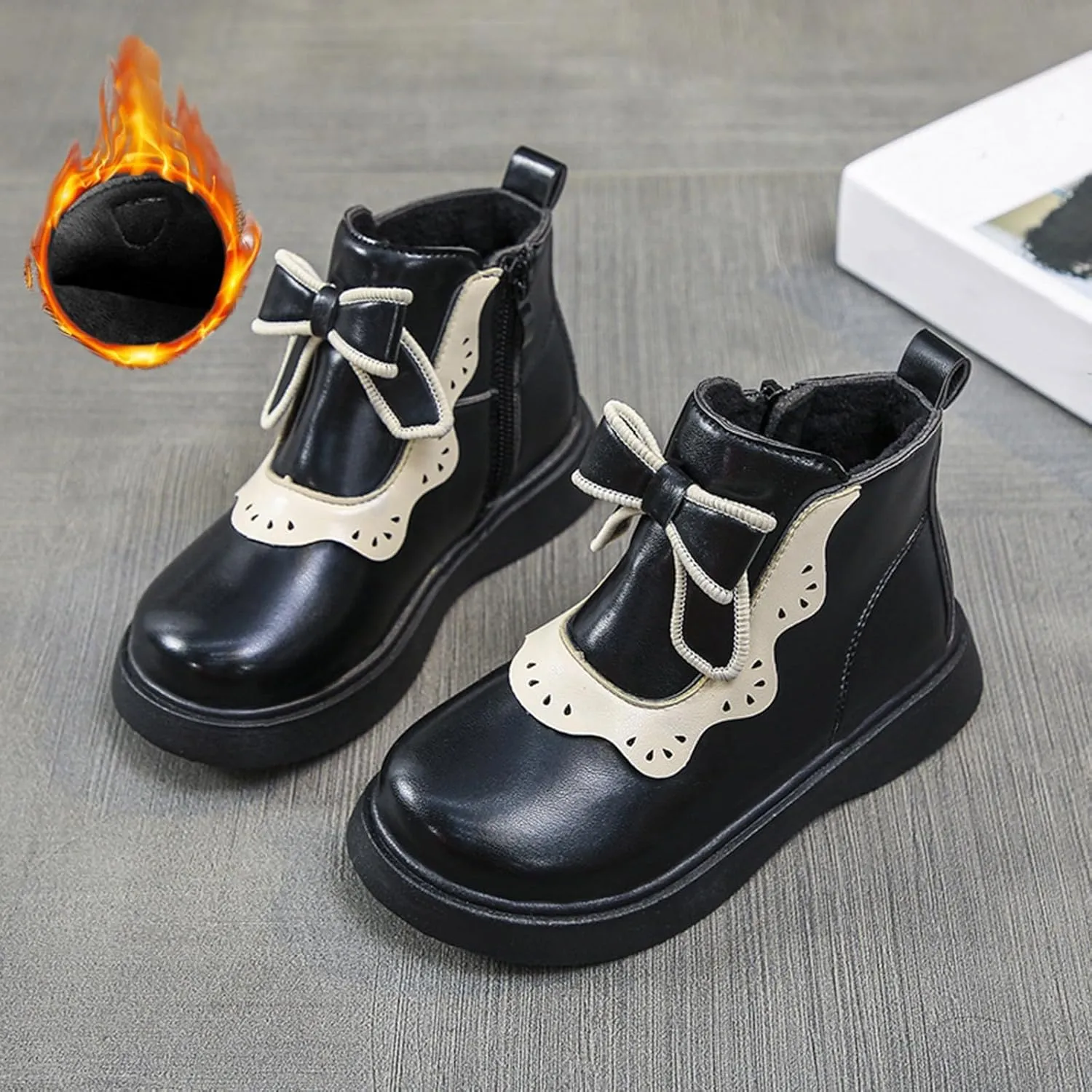 Girls Leather Ankle Boots Warm Snow Shoes Baby Bowknot Non Slip Round Toe Shoes Infant Warm Side Zipper Little Kid