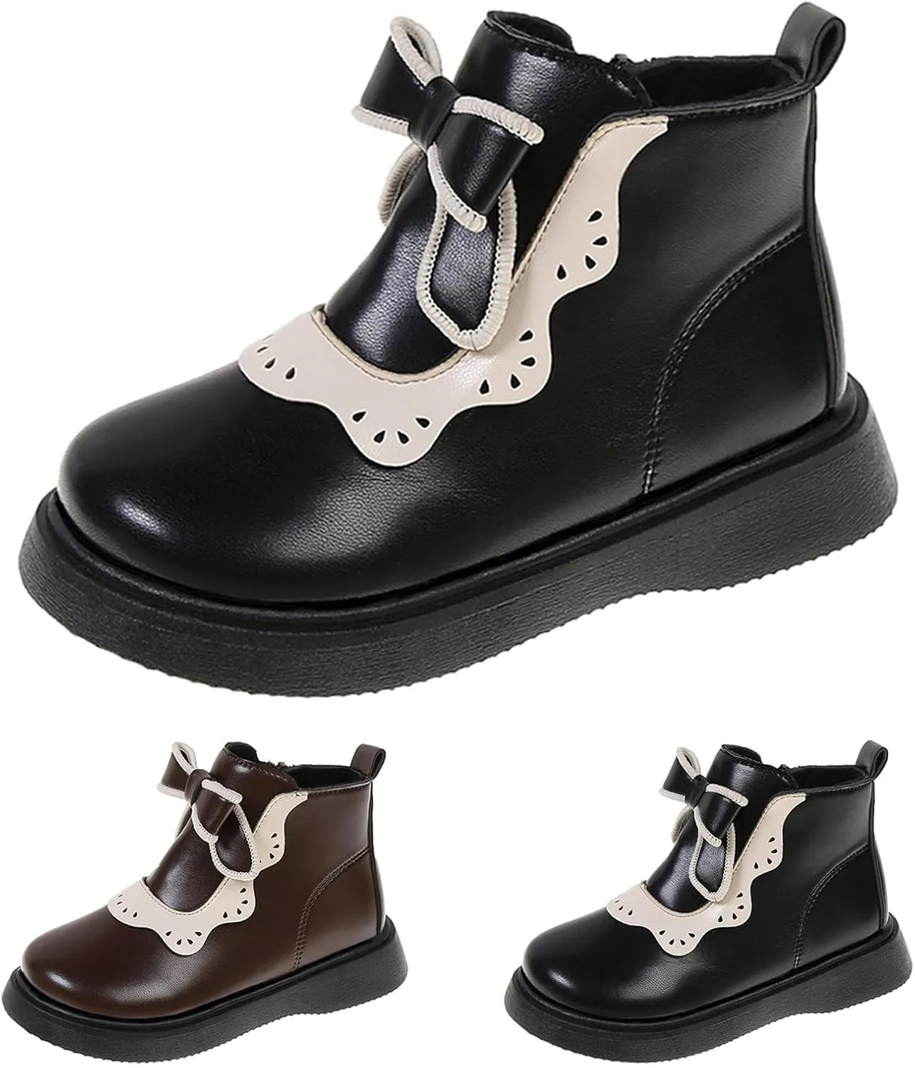 Girls Leather Ankle Boots Warm Snow Shoes Baby Bowknot Non Slip Round Toe Shoes Infant Warm Side Zipper Little Kid