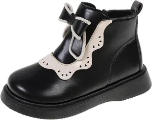 Girls Leather Ankle Boots Warm Snow Shoes Baby Bowknot Non Slip Round Toe Shoes Infant Warm Side Zipper Little Kid
