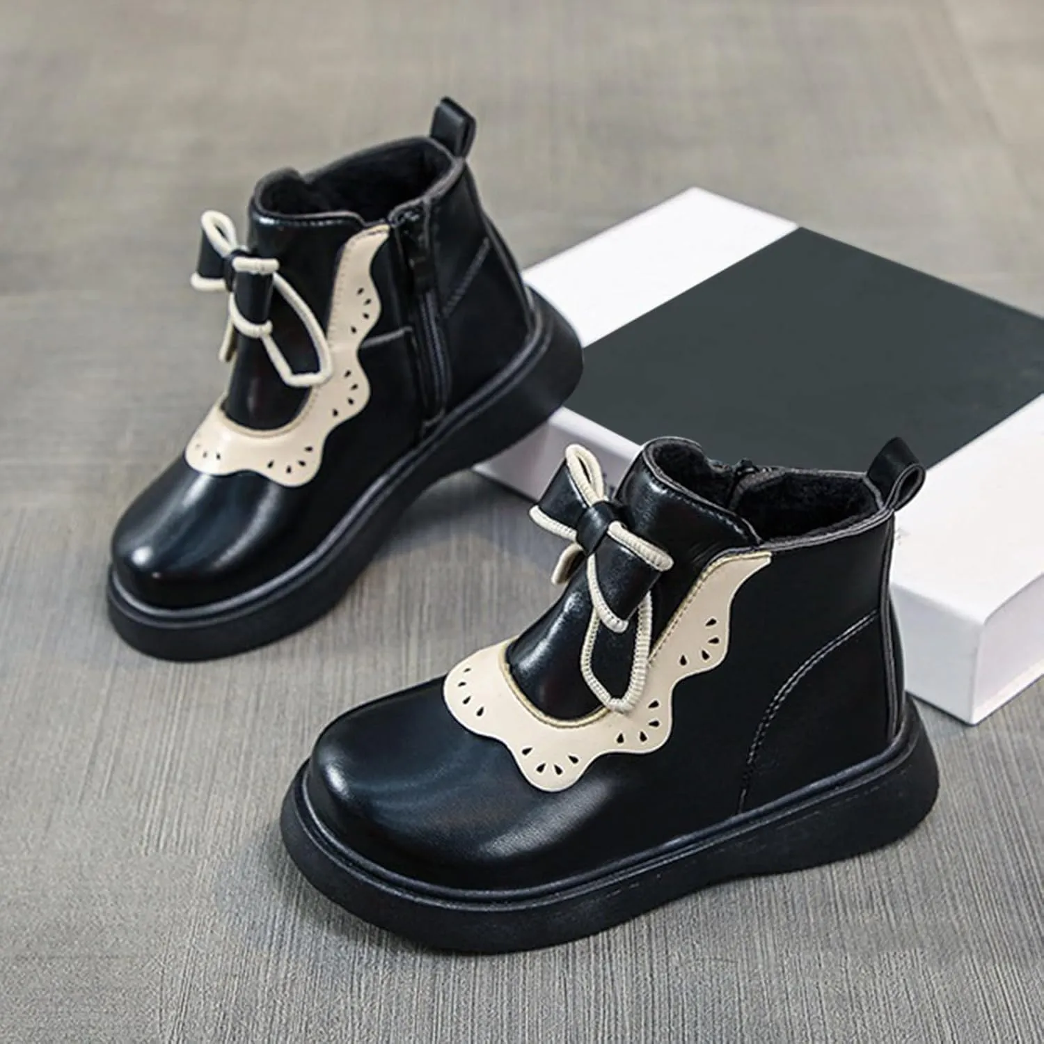 Girls Leather Ankle Boots Warm Snow Shoes Baby Bowknot Non Slip Round Toe Shoes Infant Warm Side Zipper Little Kid