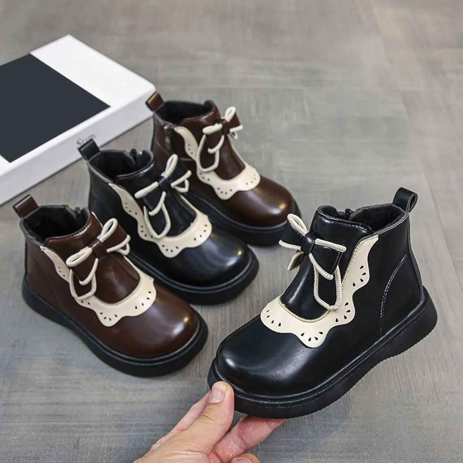 Girls Leather Ankle Boots Warm Snow Shoes Baby Bowknot Non Slip Round Toe Shoes Infant Warm Side Zipper Little Kid